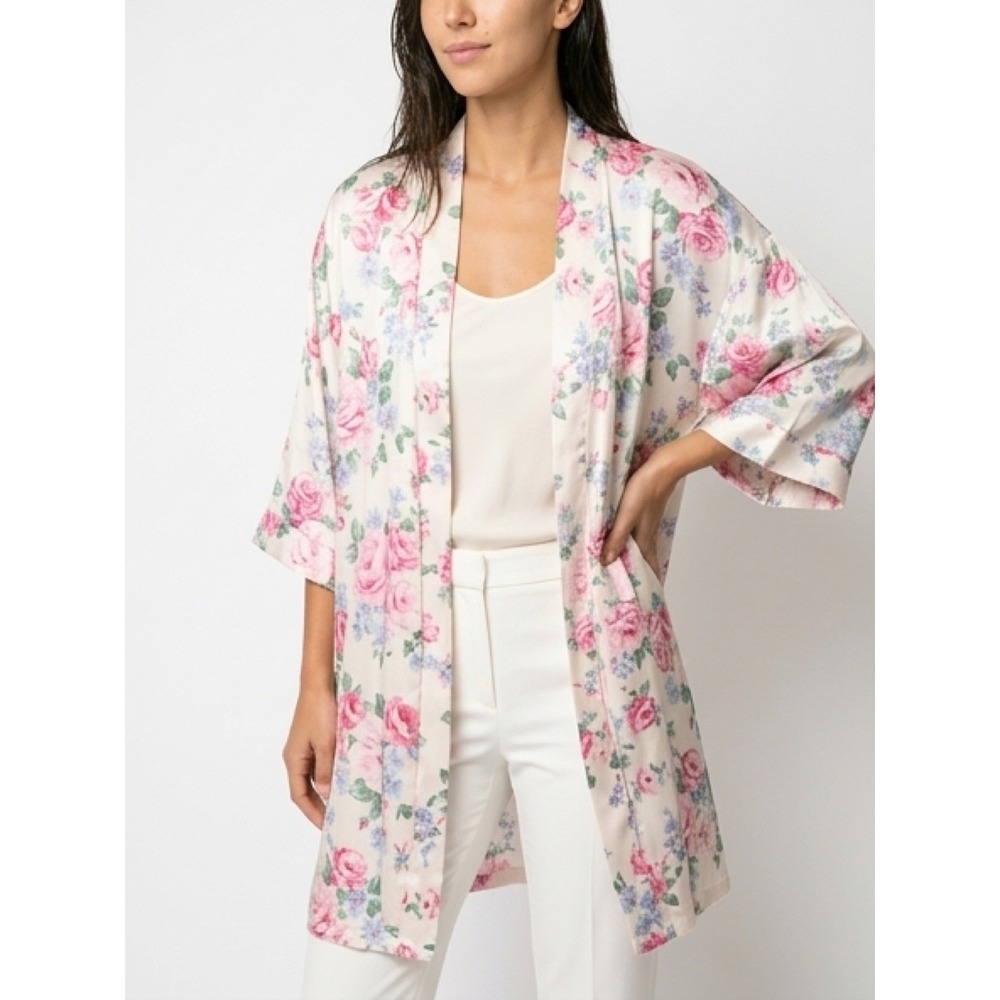 Dentelle Floral Satin Robe Women Large Pink Cream Excellent Vintage 90s Pockets